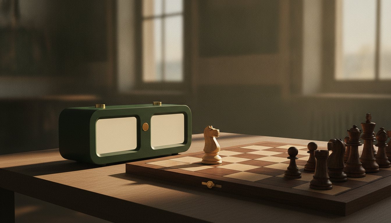 Editorial illustration of a green chess clock beside a wooden tournament board
