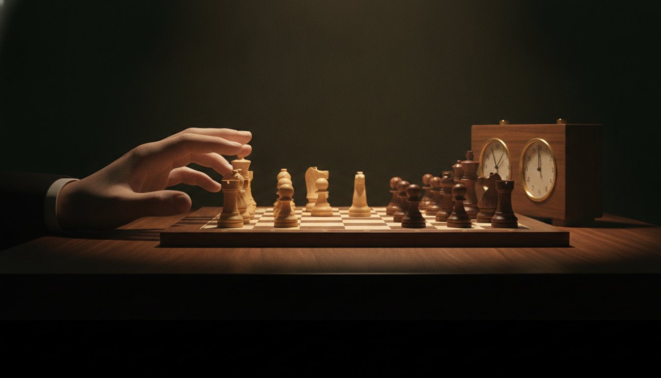 Editorial illustration of a hand moving a chess piece beside a mechanical chess clock
